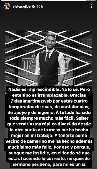 El emotivo mensaje de Risto a Dani Martnez tras su marcha de Got Talent