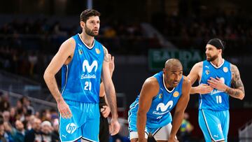 Pato Garino, Jayson Granger y Francis Alonso, jugadores del Movistar Estudiantes, durante el partido ante el Flexicar Fuenlabrada.