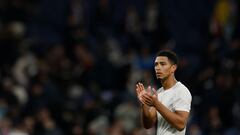 Real Madrid's English midfielder #5 Jude Bellingham celebrates at the end of the Spanish league football match between Real Madrid CF and Granada FC at the Santiago Bernabeu stadium in Madrid on December 1, 2023. (Photo by OSCAR DEL POZO / AFP)