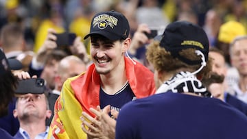 Aday Mara #15 of the Michigan Wolverines celebrates after defeating the UConn Huskies 69-63 in the National Championship of the 2026 NCAA Men's Basketball Tournament at Lucas Oil Stadium on April 06, 2026 in Indianapolis, Indiana.
