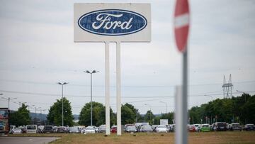 22 June 2022, Saarland, Saarlouis: Ford's large logo standing in the parking lot of the Saarlouis plant, with a no through sign in front of it. Today, Ford announces the decision on the Saarlouis site. Photo: Oliver Dietze/dpa (Photo by Oliver Dietze/picture alliance via Getty Images)