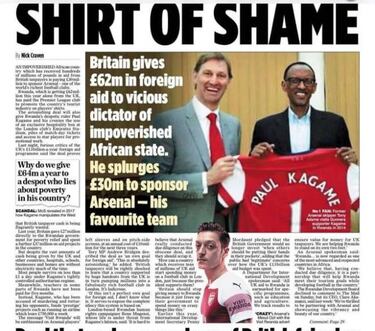Ruanda, pa¨ªs marcado por la pobreza, paga al Arsenal 30M€ por aparecer en su camiseta