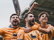 Andrés Martín celebra su segundo gol ante la Cultural Leonesa.