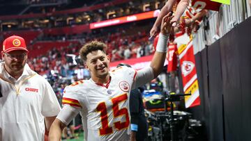 Sep 22, 2024; Atlanta, Georgia, USA; Kansas City Chiefs quarterback Patrick Mahomes (15) talks to fans after a victory over the Atlanta Falcons at Mercedes-Benz Stadium. Mandatory Credit: Brett Davis-Imagn Images