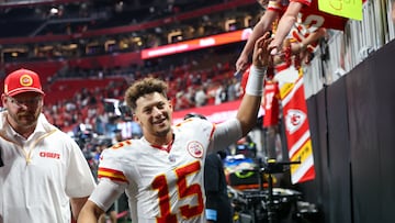 Sep 22, 2024; Atlanta, Georgia, USA; Kansas City Chiefs quarterback Patrick Mahomes (15) talks to fans after a victory over the Atlanta Falcons at Mercedes-Benz Stadium. Mandatory Credit: Brett Davis-Imagn Images