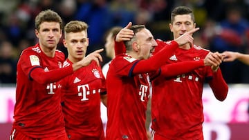 Soccer Football - Bundesliga - Bayern Munich v Nuremberg - Allianz Arena, Munich, Germany - December 8, 2018  Bayern Munich&#039;s Franck Ribery celebrates scoring their third goal with team mates      REUTERS/Michaela Rehle  DFL regulations prohibit any 