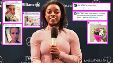 Simone Biles, en la rueda de prensa previa a los premios Laureus. Alrededor de ellas, alguno de los mensajes de San Valent&iacute;n de los deportistas.