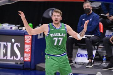 May 12, 2021; Dallas, Texas, USA; Dallas Mavericks guard Luka Doncic (77) reacts to a call during the second quarter against the New Orleans Pelicans at the American Airlines Center. Mandatory Credit: Jerome Miron-USA TODAY Sports