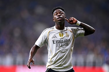The Real Madrid player celebrates after scoring his third goal of the match against Real Oviedo.