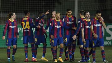 BARCELONA, SPAIN - JANUARY 21: Ousmane Dembele of Barcelona celebrates with Martin Braithwaite, Ronald Araujo and team mates after scoring their side's first goal during the Copa del Rey match between Cornella and FC Barcelona on January 21, 2021 in