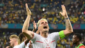 Soccer Football - Euro 2020 - Round of 16 - France v Switzerland - National Arena Bucharest, Bucharest, Romania - June 29, 2021   Switzerland&#039;s Granit Xhaka celebrates after the match Pool via REUTERS/Justin Setterfield