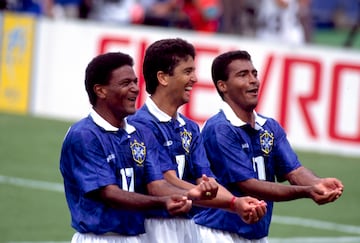 Mazinho (left) Bebeto (Middle) and Romario (Right) celebrate the second goal with the baby rocking celebration. Brazil v Holland - USA '94
