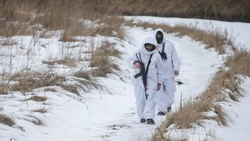 Members of the Ukrainian State Border Guard Service patrol the area near the frontier with Russia in the Chernihiv region, Ukraine February 16, 2022.