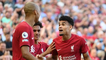 LIVERPOOL, ENGLAND - AUGUST 27: Luis Diaz of Liverpool celebrates with teammates Fabio Carvalho and Fabinho after scoring their team's ninth goal during the Premier League match between Liverpool FC and AFC Bournemouth at Anfield on August 27, 2022 in Liverpool, England. (Photo by Michael Regan/Getty Images)