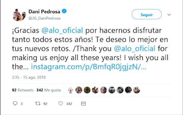 El piloto de motociclismo, Dani pedrosa tampoco ha perdido la oportunidad de dar las gracoas a Fernando Alonso.