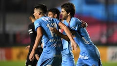 Argentina&#039;s Arsenal Lucas Albertengo (R) celebrates with teammates after scoring against Bolivia&#039;s Bolivar during the Copa Sudamericana football tournament group stage match at the Julio Grondona stadium in Sarandi, Buenos Aires province, Argent