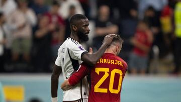 AL KHOR, QATAR - NOVEMBER 27: Antonio Rudiger of Germany and Daniel Carvajal of Spain after the FIFA World Cup Qatar 2022 Group E match between Spain and Germany at Al Bayt Stadium on November 27, 2022 in Al Khor, Qatar. (Photo by Sebastian Frej/MB Media/Getty Images)