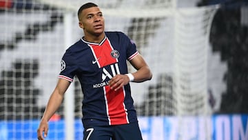 (FILES) In this file photograph taken on April 28, 2021, Paris Saint-Germain's French forward Kylian Mbappe reacts during the UEFA Champions League first leg semi-final football match between Paris Saint-Germain (PSG) and Manchester City at the Parc