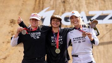 Harriet Burbidge-Smith, Robin Goomes and Caroline Buchanan on the podium at the Maxxis Slopestyle in Memory of McGazza at Crankworx in Rotorua, New Zealand on March 24, 2024 // Graeme Murray / Red Bull Content Pool // SI202403240272 // Usage for editorial use only //