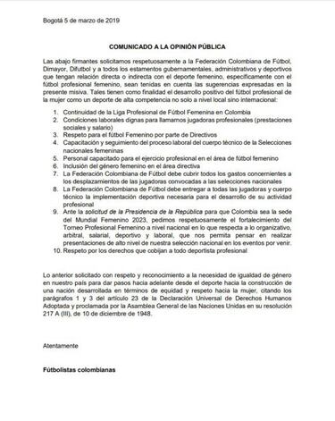 Jugadoras plantean peticiones a dirigencia del fútbol colombiano