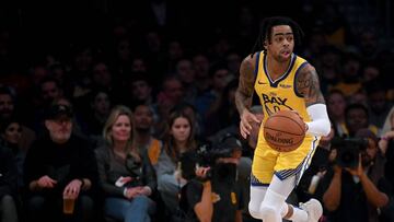 LOS ANGELES, CALIFORNIA - NOVEMBER 13: D&#039;Angelo Russell #0 of the Golden State Warriors dribbles during a 120-94 Los Angeles Lakers win at Staples Center on November 13, 2019 in Los Angeles, California. NOTE TO USER: User expressly acknowledges and agrees that, by downloading and/or using this photograph, user is consenting to the terms and conditions of the Getty Images License Agreement.   Harry How/Getty Images/AFP
 == FOR NEWSPAPERS, INTERNET, TELCOS &amp; TELEVISION USE ONLY ==