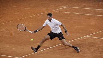 Juan Martin del Potro, from Argentina, returns the ball during his match against Casper Ruud, of Norway, at the Italian Open tennis tournament, in Rome, Thursday, May, 16, 2019. (AP Photo/Alessandra Tarantino)