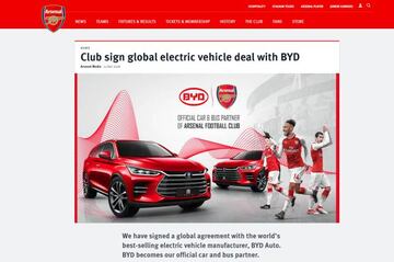El anuncio del acuerdo falso entre BYD Auto y el Arsenal sigue colgado en la web.