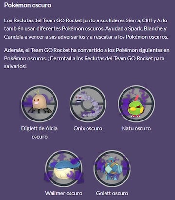 Pokémon Oscuros disponibles en el evento Toma de Control del Team GO Rocket de noviembre de 2022en Pokémon GO