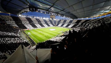 Soccer Football - Europa League Semi Final First Leg - Eintracht Frankfurt v Chelsea - Commerzbank-Arena, Frankfurt, Germany - May 2, 2019  General view of Eintracht Frankfurt fans holding up banners inside the stadium before the match   REUTERS/Kai Pfaff