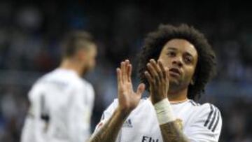 El defensa brasileño del Real Madrid Marcelo Vieira da Silva celebra el gol marcado ante el Levante