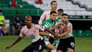 Naldo of Espanyol, Marc Bartra of Real Betis and David Lopez of Espanyol wait for a corner during the spanish league, LaLiga, football match played between Real Betis Balombie and RCD Espanyol de Barcelona at Benito Villamarin Stadium on June 25, 2020 in 