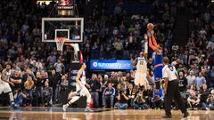 Nov 30, 2016; Minneapolis, MN, USA; New York Knicks forward Carmelo Anthony (7) shoots the game-winning basket over Minnesota Timberwolves forward Andrew Wiggins (22) during the fourth quarter at Target Center. The Knicks defeated the Timberwolves 106-104. Mandatory Credit: Brace Hemmelgarn-USA TODAY Sports