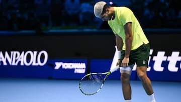 Spain's Carlos Alcaraz gestures during the men's single final match against Italy's Jannik Sinner at the ATP Finals tennis tournament, in Turin, on November 16, 2025. (Photo by Marco BERTORELLO / AFP)