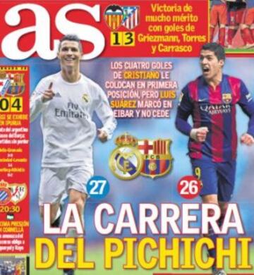 In the last 28 La Liga seasons no player has retained the top goal scorer gong for three years running. Cristiano has the prize is his grasp, but in Luis Suárez is faced with fierce competition for the title. The Portuguese has been the division’s top mar