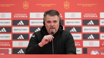 Georgia's French coach Willy Sagnol addresses a press conference at the Jose Zorilla stadium in Valladolid on November 18, 2023, on the eve of the Euro 2024 1st round qualifiying football match between Spain and Georgia. (Photo by CESAR MANSO / AFP)