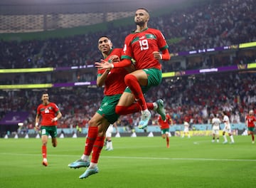 Youssef En-Nesyri (right) celebrates scoring the winner against Portugal in the quarter-finals.