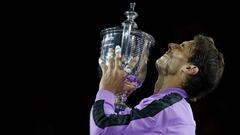 Sep 8, 2019; Flushing, NY, USA; Rafael Nadal of Spain celebrates with the championship trophy during the ceremony after his match against Daniil Medvedev of Russia (not pictured) in the menxD5s singles final on day fourteen of the 2019 US Open tennis tour