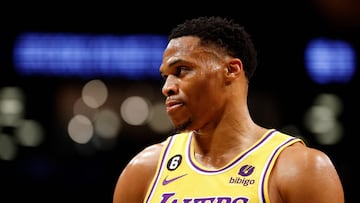 NEW YORK, NEW YORK - JANUARY 30: Russell Westbrook #0 of the Los Angeles Lakers looks on during the second half against the Brooklyn Nets at Barclays Center on January 30, 2023 in the Brooklyn borough of New York City. The Nets won 121-104. NOTE TO USER: User expressly acknowledges and agrees that, by downloading and/or using this photograph, User is consenting to the terms and conditions of the Getty Images License Agreement. Sarah Stier/Getty Images/AFP (Photo by Sarah Stier / GETTY IMAGES NORTH AMERICA / Getty Images via AFP)