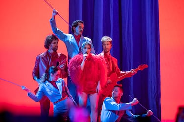 El grupo K!ngdom actúa durante la primera semifinal del Benidorm Fest 2025.