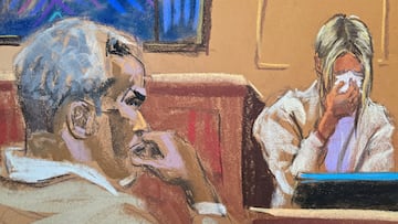 Boceto: Sean "Diddy" Combs observa a la testigo "Mia" testificar en su juicio por tráfico sexual en la ciudad de Nueva York.