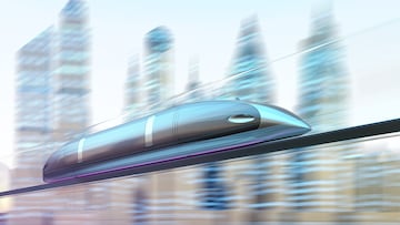 Magnetically levitating train at high speed with motion blur on the background of the city.