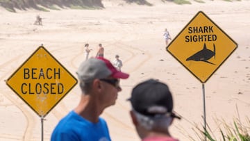 People stand next to warning signs in place, and beaches are closed after a surfer suffered a shark attack today at Dee Why Beach in Sydney, Australia, January 19, 2026. REUTERS/Jeremy Piper