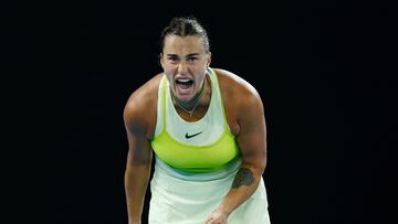 Tennis - Australian Open - Melbourne Park, Melbourne, Australia - January 21, 2025 Belarus' Aryna Sabalenka reacts during her quarter final match against Russia's Anastasia Pavlyuchenkova REUTERS/Kim Kyung-Hoon