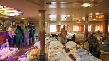 Patients from the General University Hospital of Alexandroupolis are seen inside a ferry after being evacuated, as a wildfire rages in Alexandroupolis, on the region of Evros, Greece, August 22, 2023. REUTERS/Alexandros Avramidis