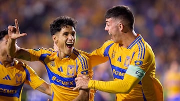 Uriel Antuna celebrates his goal 2-0 with Juan Brunetta of Tigres during the Quarter Finals second leg match between Tigres UANL and Los Angeles Galaxy as part of the CONCACAF Champions Cup 2025, at Universitario Stadium on April 08, 2025 in Monterrey, Nuevo Leon, Mexico.