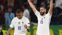 BUDAPEST, HUNGARY - JUNE 23: Karim Benzema of France celebrates with teammate Kylian Mbappe after scoring their side&#039;s second goal during the UEFA Euro 2020 Championship Group F match between Portugal and France at Puskas Arena on June 23, 2021 in Bu