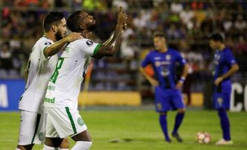 Chapecoense's Luiz Antonio (second left) celebrates after his goal in the Brazilians' Copa Libertadores win at Zulia FC.