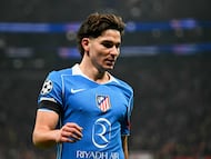 Atletico Madrid's Argentine forward #19 Julian Alvarez reacts during the UEFA Champions League, league phase day 7, football match between Galatasaray and Atletico Madrid at Rams Park in Istanbul, on January 21, 2026. (Photo by Ozan KOSE / AFP)