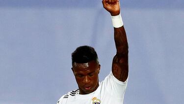 Soccer Football - La Liga Santander - Real Madrid v Real Mallorca - Alfredo Di Stefano Stadium, Madrid, Spain - June 24, 2020 Real Madrid's Vinicius Junior celebrates scoring their first goal with a raised fist, as play resumes behind closed doors f