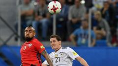 Chile&#039;s midfielder Arturo Vidal (L) vies for the ball against Germany&#039;s midfielder Sebastian Rudy during the 2017 Confederations Cup final football match between Chile and Germany at the Saint Petersburg Stadium in Saint Petersburg on July 2, 2017. / AFP PHOTO / FRANCK FIFE
